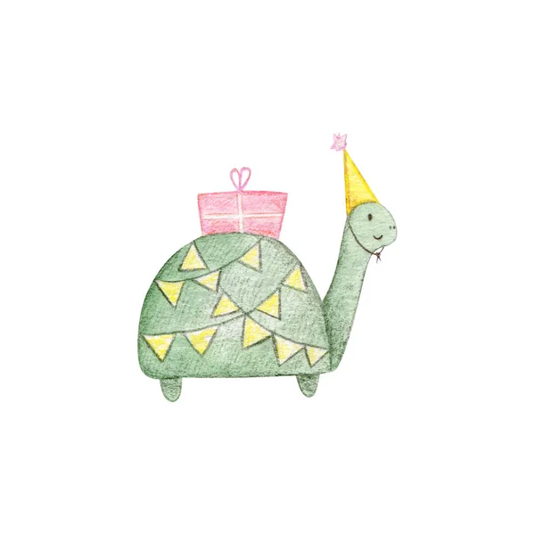 Turtle Cap Present Party Flags Happy Birthday Watercolor Card White — Foto Stock