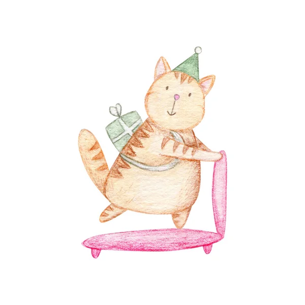 Red cat in a cap with present on the kick scooter. Happy Birthday watercolor card on white background. Isolated art