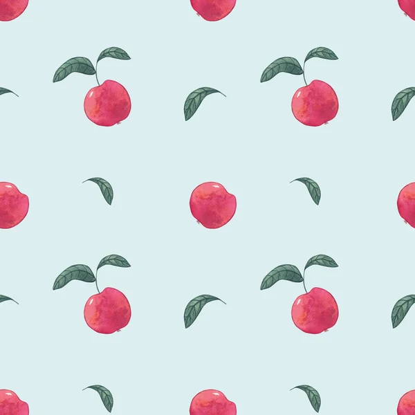 Manzanas Rojas Acuarela Patrón Sin Costuras Sobre Fondo Azul Ilustración —  Fotos de Stock