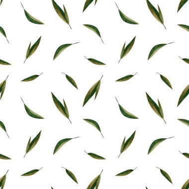 Green watercolor leaves seamless pattern on white background. Design for fabrics, sketchbooks, labels, tags etc.