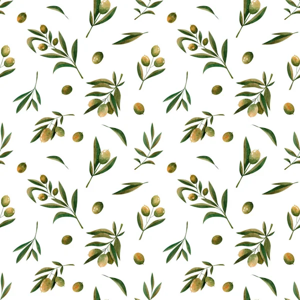 Green Watercolor Olive Branch Seamless Pattern White Background Design Fabrics — Stockfoto