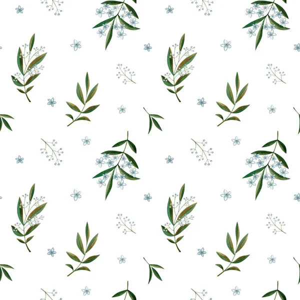 Green Watercolor Branch Flowers Seamless Pattern White Background Design Fabrics — Stock Photo, Image