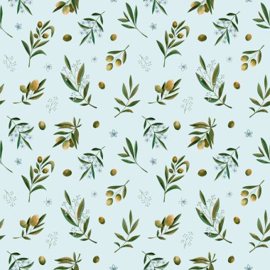 Green watercolor olive branch with flowers seamless pattern on blue background. Design for fabrics, sketchbooks, labels, tags etc.