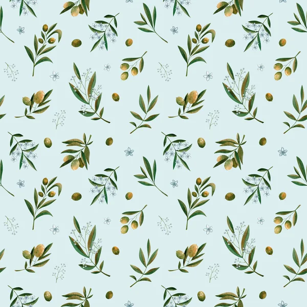 Green Watercolor Olive Branch Flowers Seamless Pattern Blue Background Design — Stockfoto