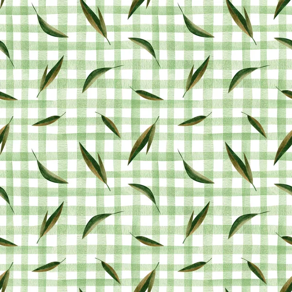 Green Watercolor Leaves Seamless Pattern Colorful Green Checkered Background Design — Stockfoto