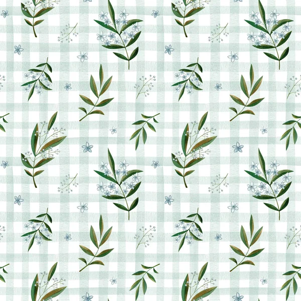 Green Watercolor Branch Flowers Seamless Pattern Colorful Blue Checkered Background — Stock Photo, Image