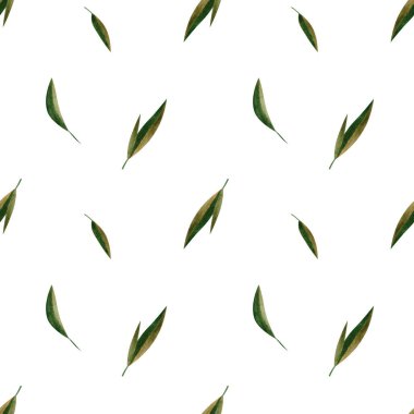 Green watercolor leaves seamless pattern on white background. Design for fabrics, sketchbooks, labels, tags etc.