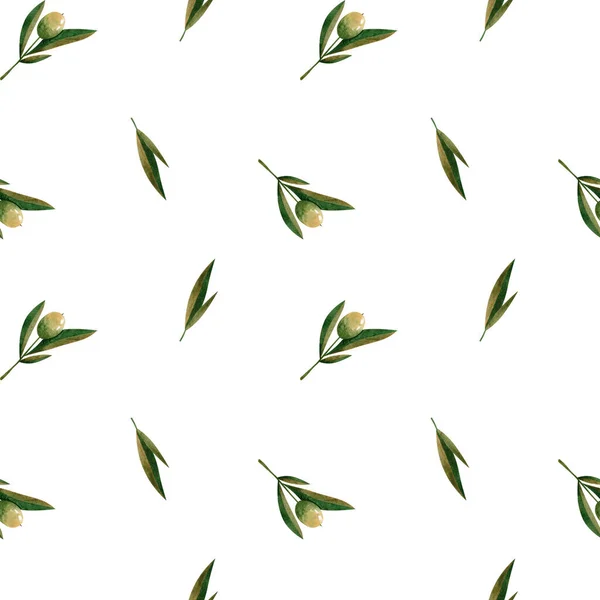 Green Watercolor Olive Branch Seamless Pattern White Background Design Fabrics — Foto de Stock