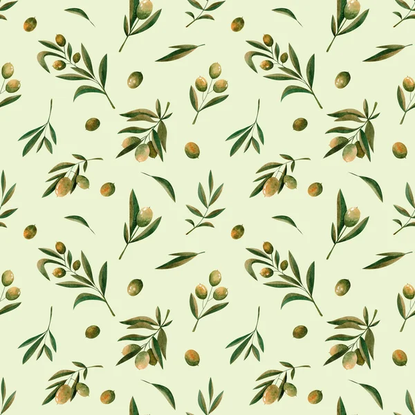 Green Watercolor Olive Branch Seamless Pattern Green Background Design Fabrics — Stockfoto