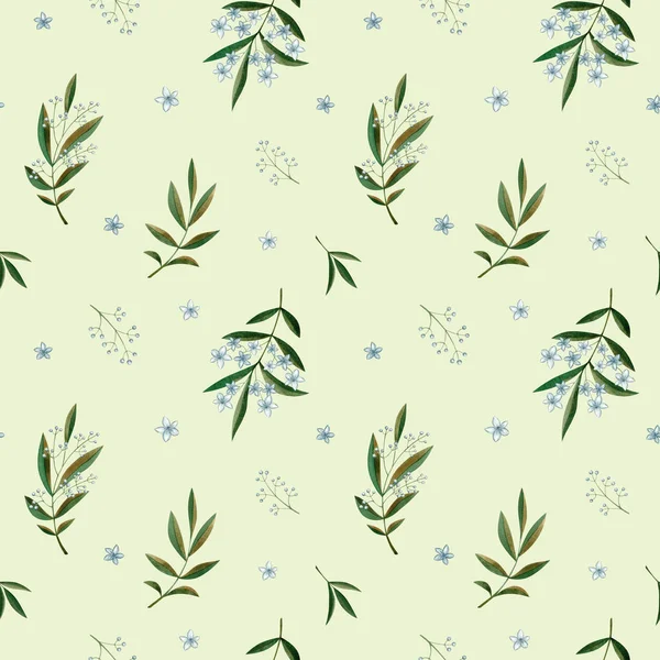 Зеленая Ветвь Акварели Цветами Бесшовный Узор Зеленом Фоне Дизайн Мбаппе — стоковое фото