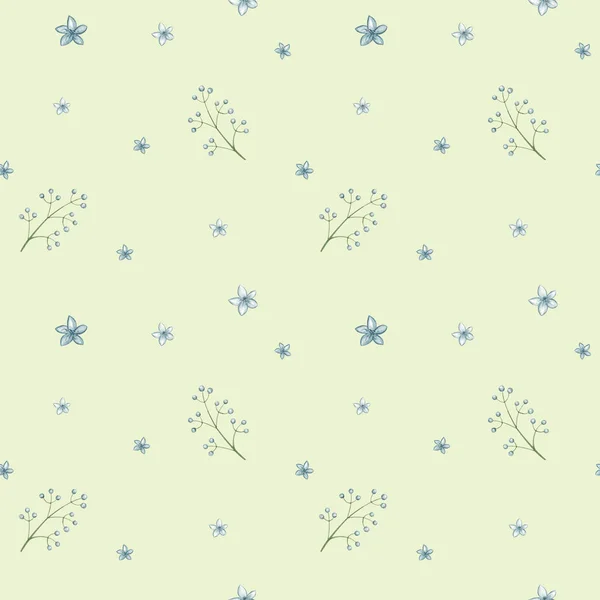 Bluen Watercolor Branch Flowers Seamless Pattern Green Background Design Fabrics — Fotografia de Stock