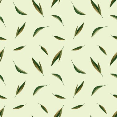 Green watercolor leaves seamless pattern on green background. Design for fabrics, sketchbooks, labels, tags etc.