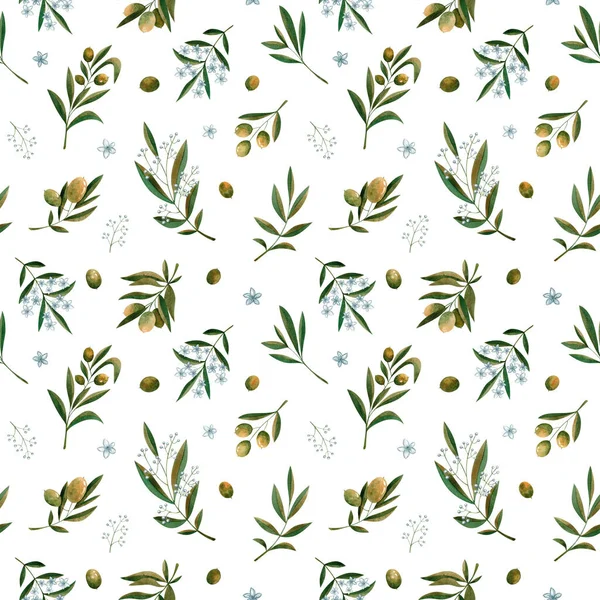 Green Watercolor Olive Branch Flowers Seamless Pattern White Background Design — стоковое фото
