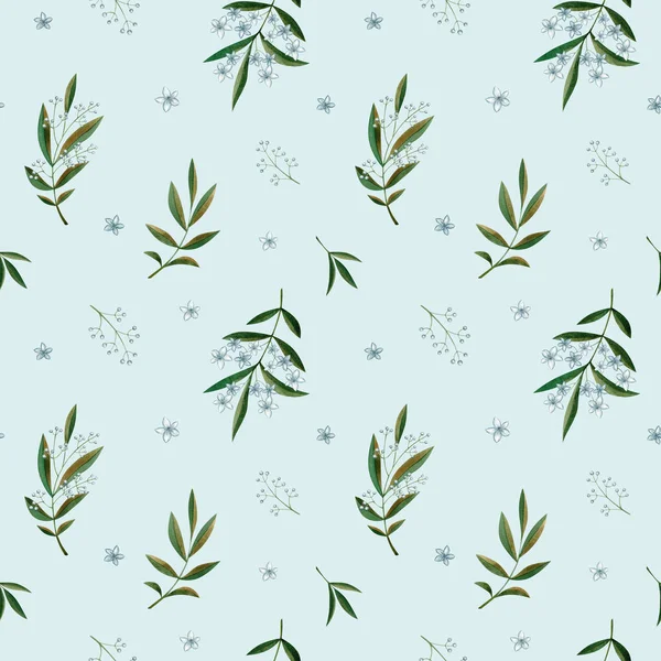 Green Watercolor Branch Flowers Seamless Pattern Blue Background Design Fabrics — Stock Photo, Image