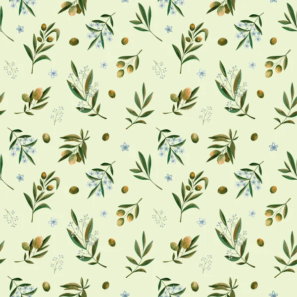 Green Watercolor Olive Branch Flowers Seamless Pattern Green Background Design — Stockfoto