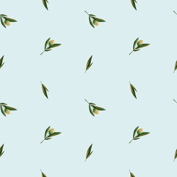 Green Watercolor Olive Branch Seamless Pattern Blue Background Design Fabrics — Photo