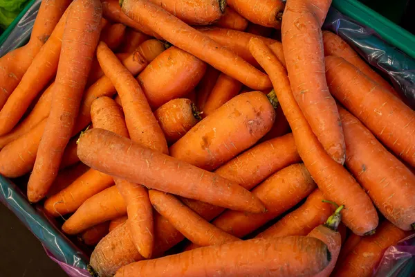 Органическая Морковь Вид Сверху Морковь Прилавке Супермаркета — стоковое фото