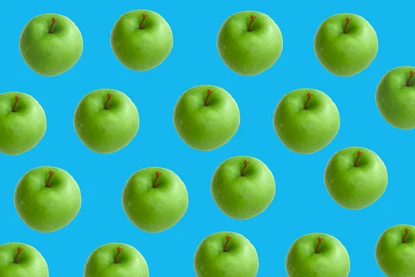 Mele Verdi Molte Mele Isolate Sfondo Blu Frutta Modello Sfondo — Foto Stock