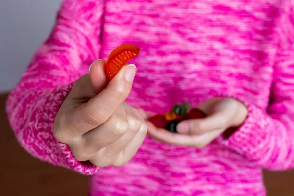 Woman Holding Candy Close Photo Jelly Candy Girl Hand — Stock Photo, Image