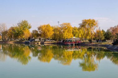 Güzel sonbahar manzarası, parktaki gölette sarı yapraklı ağaçların yansıması..