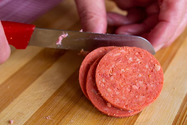 Close Woman Hand Slices Sausage Woman Preparing Cook Sausages Breakfast — Stock Photo, Image