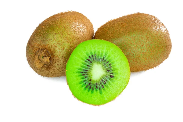 Kiwi Maduro Inteiro Meio Isolado Fundo Branco Frutas Kiwi Close — Fotografia de Stock