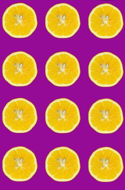 Limon dilimleri deseni, mor arka planda izole edilmiş limon dilimlerinin üst görüntüsü. Citrus konsept fotoğraf. Sosyal medya hikayesi arka planı.