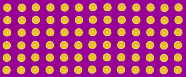 Limon dilimleri deseni, mor arka planda izole edilmiş limon dilimlerinin üst görüntüsü. Citrus konsept fikir fotoğrafı.