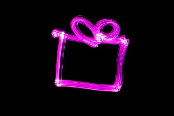 Neon Gift Box Pink Gift Box Drawn Light Painting Technique — стоковое фото