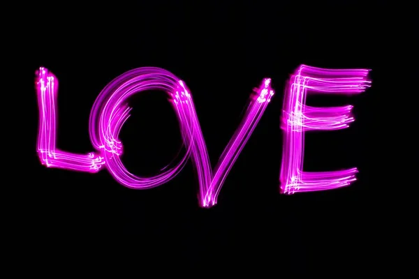 Neon Love Word Light Painting Love Word Black Background Valentine — стоковое фото