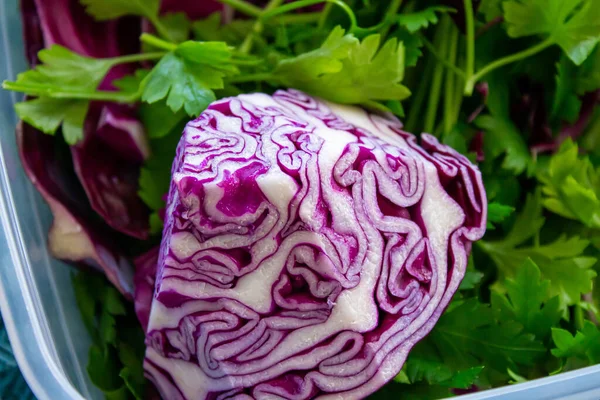 Purple Cabbage Fresh Parsley Closeup Healthy Eating Concept Top View — Fotografia de Stock