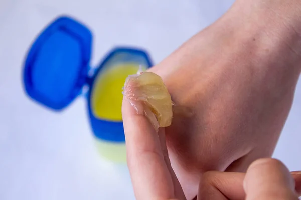 Woman Using Petroleum Jelly Skin Care Young Girl Applying Moisturizing — Stock Photo, Image