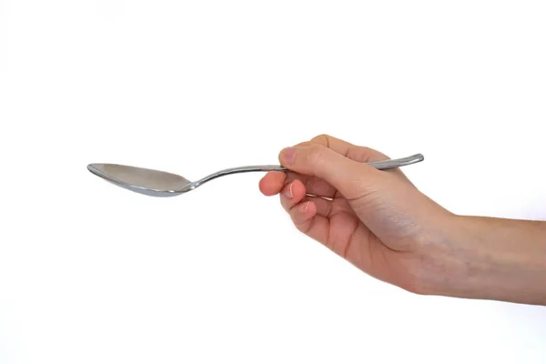 Hand Holding Metal Spoon Isolated White Background — Stock Photo, Image