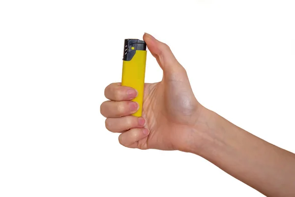 Ręczne Trzymanie Żółtej Zapalniczki Izolowane Białym Tle — Zdjęcie stockowe