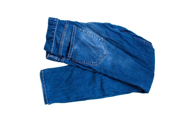 Vista Dall Alto Piegato Blu Jeans Isolato Sfondo Bianco — Foto Stock