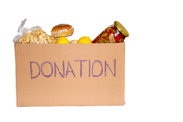 Scatola Donazione Cibo Isolata Sfondo Bianco Aiuto Alimentare Alle Persone — Foto Stock