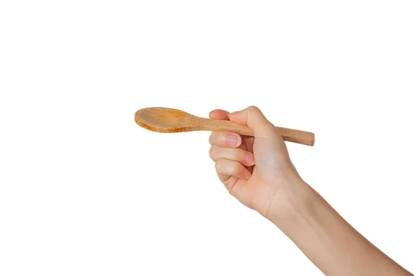 Hand Holding Wooden Spoon Isolated White Background — Stock Photo, Image