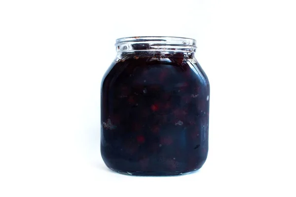 Glass Jar Sour Cherry Jam Isolated White Background Closeup Homemade — Stock Photo, Image
