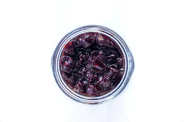 Top View Sour Cherry Jam Glass Jar Organic Sour Cherry — Stock Photo, Image