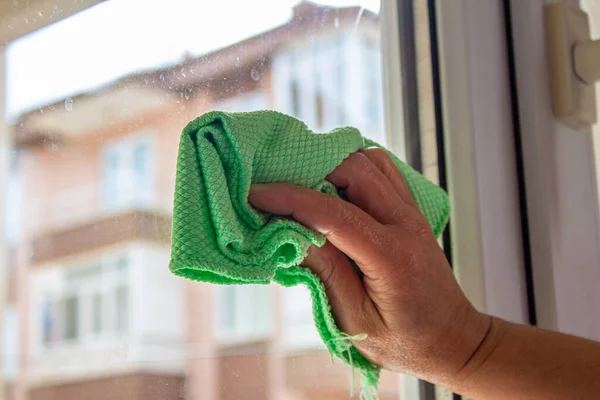 Cleaning Windows Green Cloth Household Chores Woman Doing Housekeeping — Stock Photo, Image