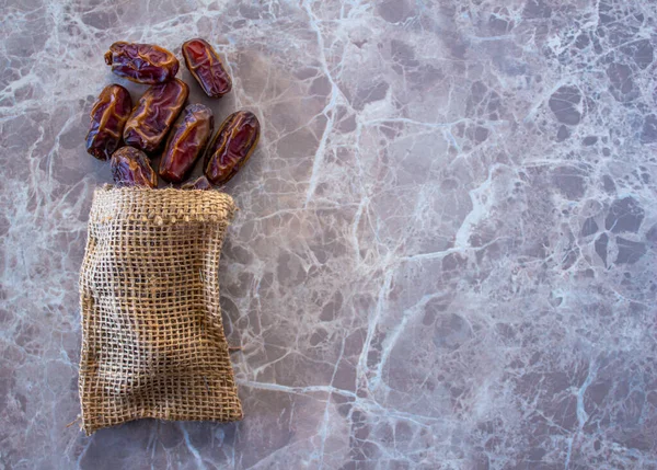 Poured Dates Top View Dried Date Fruits Sack Bag Marble — Stock Photo, Image