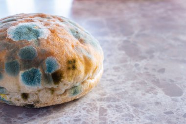 Küflü ekmek. Çürük ekmeğin mermer zemin üzerinde yakın plan fotoğrafı ve metin için yeri var. Uzun zamandır bekliyorum. Yemek israfı kavramı. Küf kaplı yiyecek..