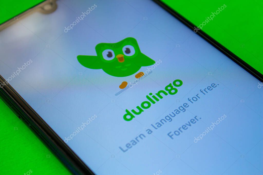 Duolingo android application on smartphone screen. Popular language learning app. Afyonkarahisar, Turkey - April 4, 2022.
