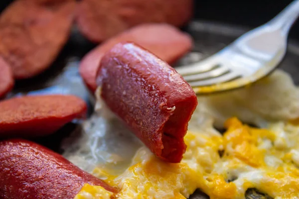 Fried Egg Sausage Unhealthy Breakfast Food Closeup Photo Eaten Sausage — Stock Photo, Image