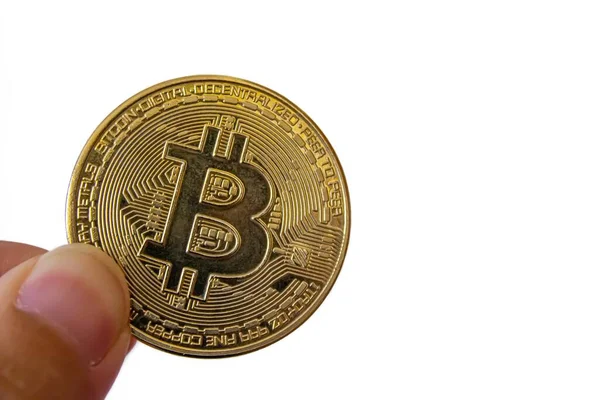 Hand Holding Golden Bitcoin Isolated White Background — Stock fotografie