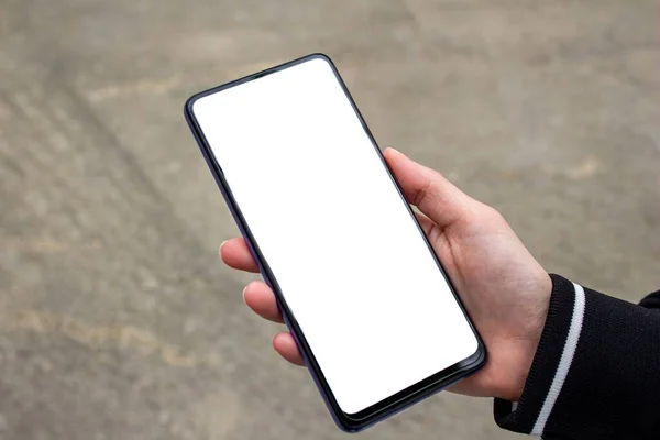 Kvinna Som Använder Smartphone Mockup Bild Handen Håller Mobiltelefon Med — Stockfoto