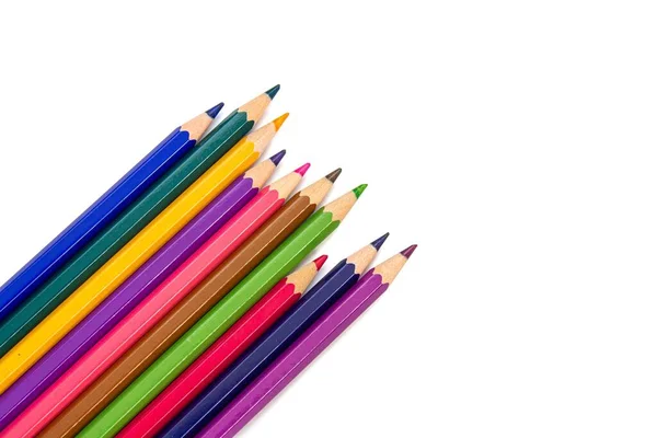 Colorful Crayons Isolated White Background Space Text Top View — Stock Fotó