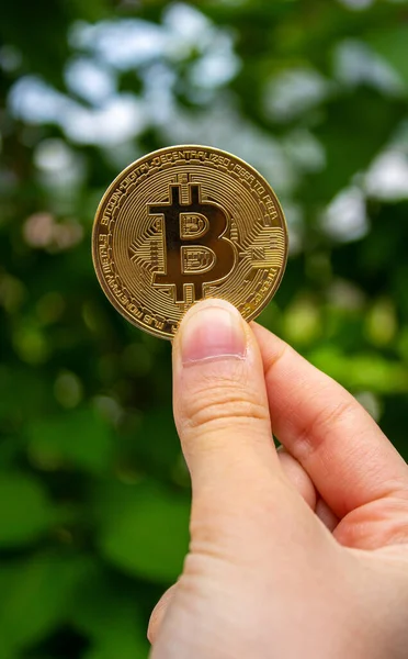 Ruka Drží Bitcoin Koncept Kryptoměnových Investic Kup Prodej Bitcoinu Zelený — Stock fotografie