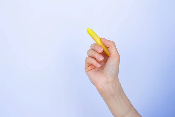 Hand Holding Chalk Isolated White Background Space Text — Stock Photo, Image