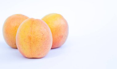 Kayısı meyveleri beyaz arkaplanda izole edilmiş ve metin için boşluk var.